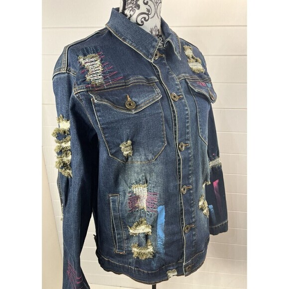 Create 2MRW Jean Jacket Womens Sz Large Distressed Hand Painted Cotton Blue - Picture 8 of 13